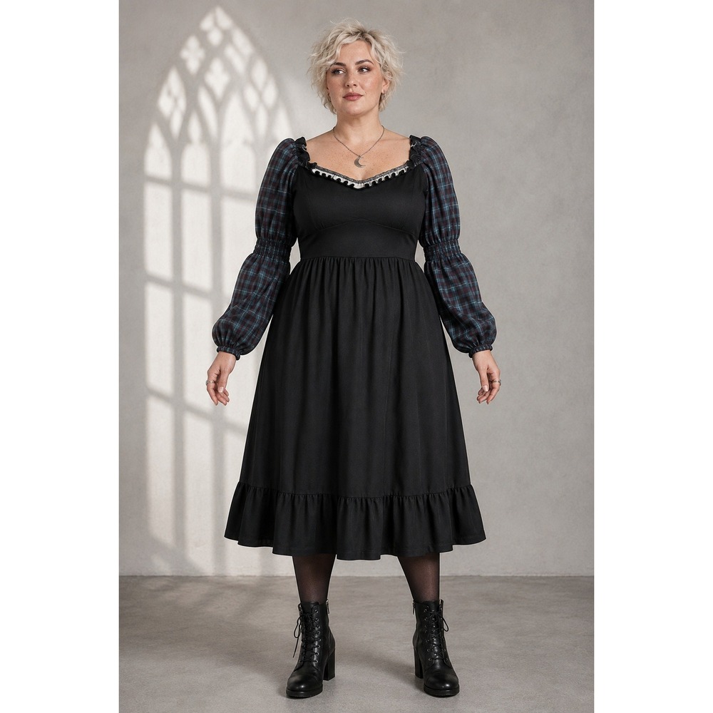 Whimsigoth Milkmaid Steampunk Grunge Scarlet Darkness Green Black Plaid L Dress